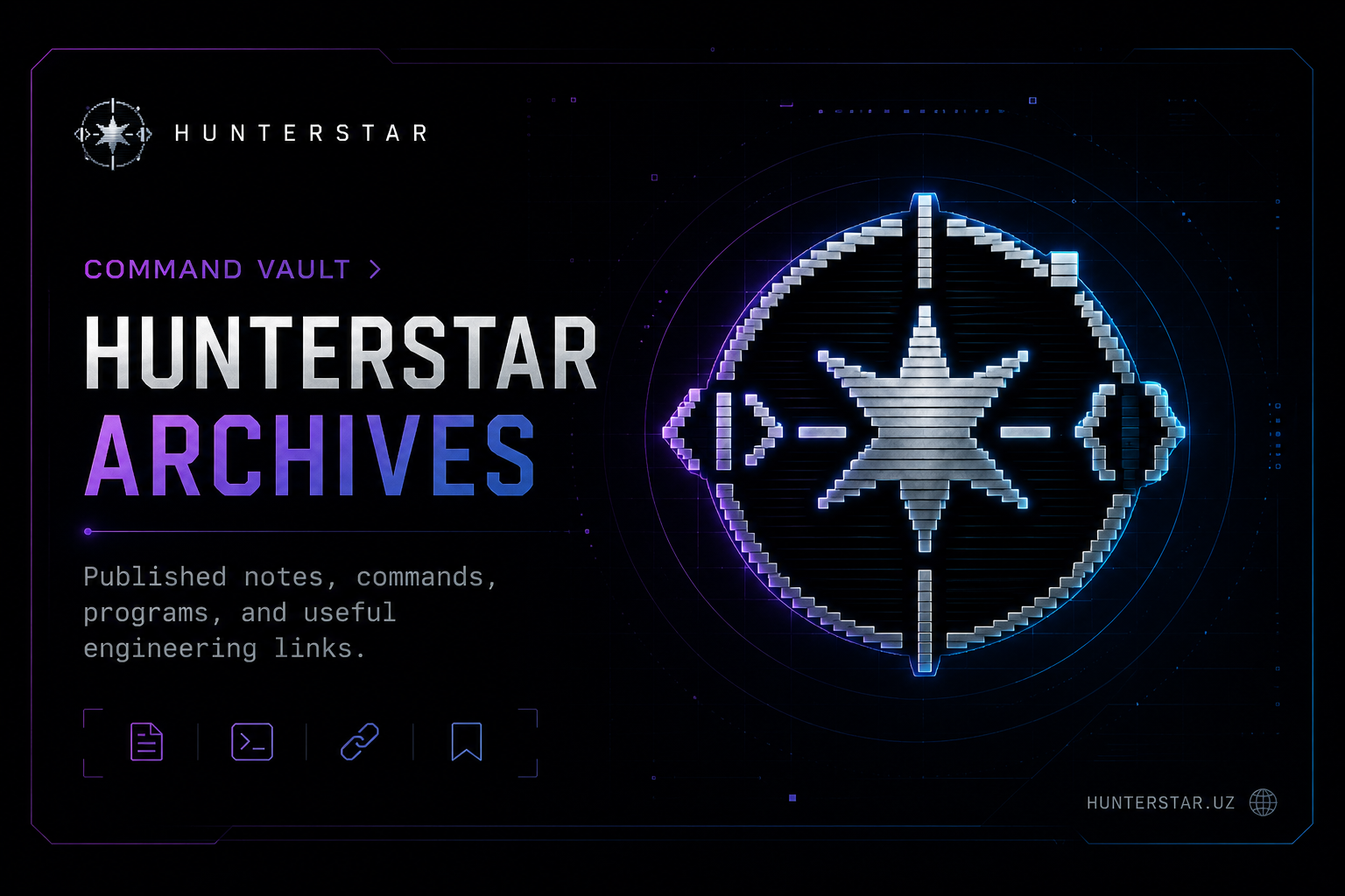 Hunterstar Command Vault archives preview showing saved commands, notes, programs, and useful engineering links